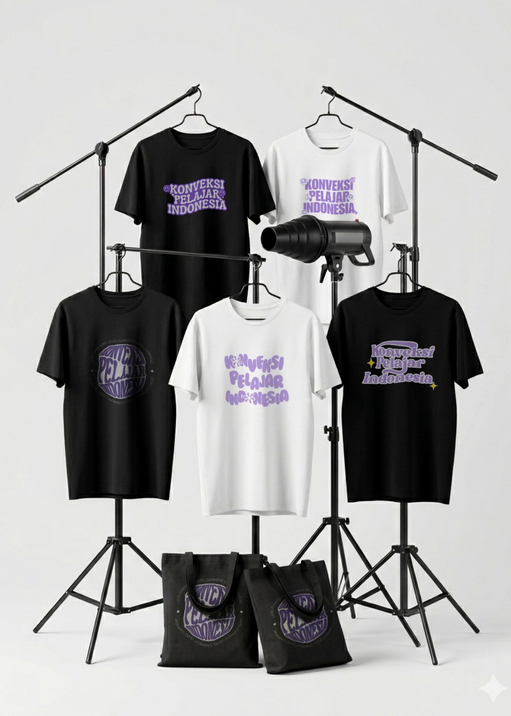 Kaos hitam dan putih bersablon ungu dipajang menggantung di stan display