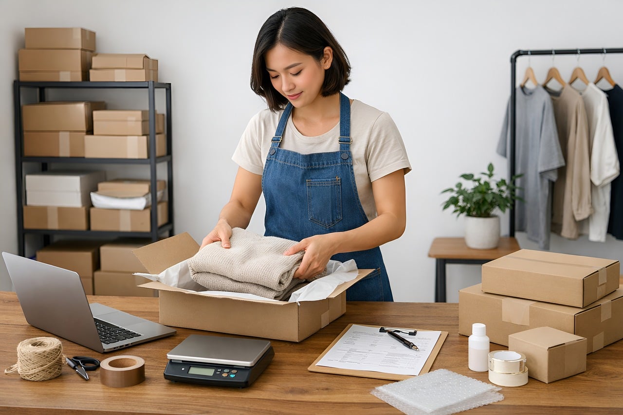 Meja kerja pengemasan pesanan toko online dengan laptop dan paket siap kirim