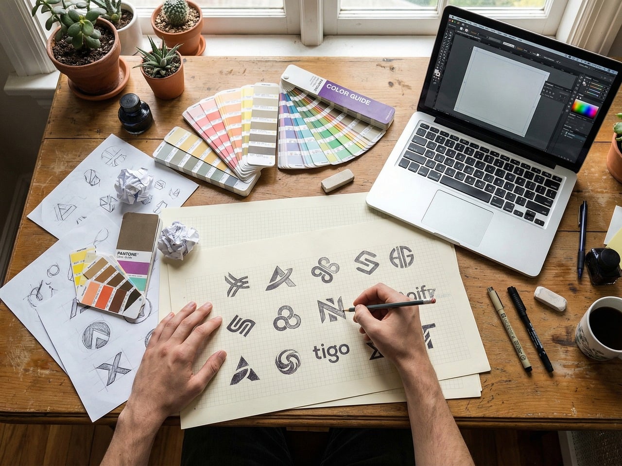 Tangan menggambar sketsa logo di kertas di meja kayu, ditemani laptop aplikasi desain dan kumpulan contoh warna