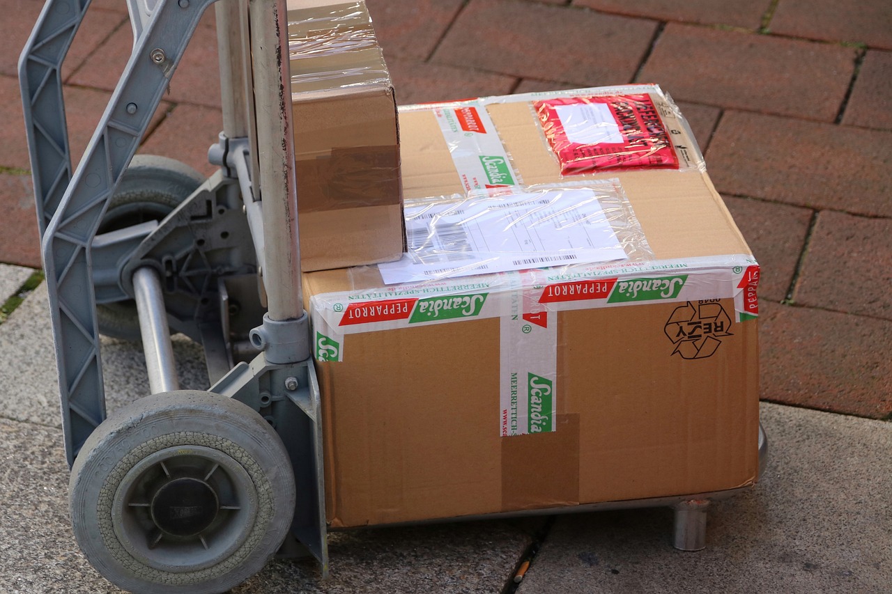 Paket berlabel teronggol di troli menunggu dijemput kurir